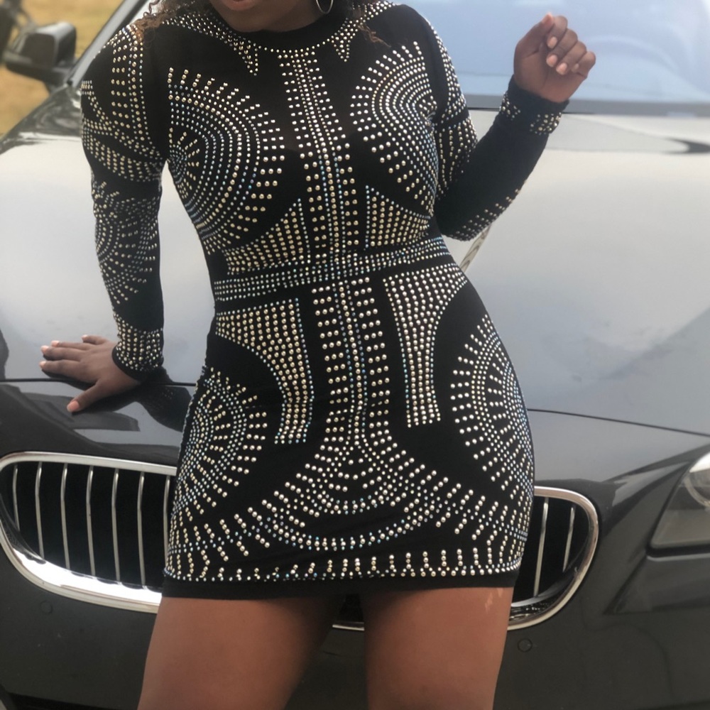 Sexy black mini rhinestones dress